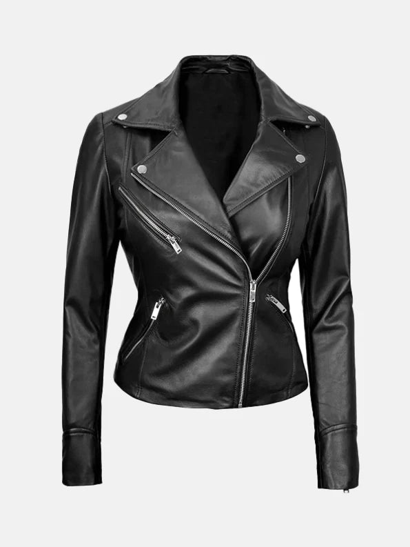 Womens Asymmetrical Black Leather Biker Jacket Front