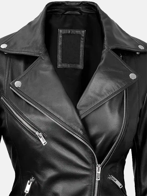 Womens Asymmetrical Black Leather Biker Jacket Front Close Up