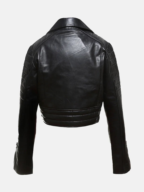 Womens Cropped Black Leather Jacket Back