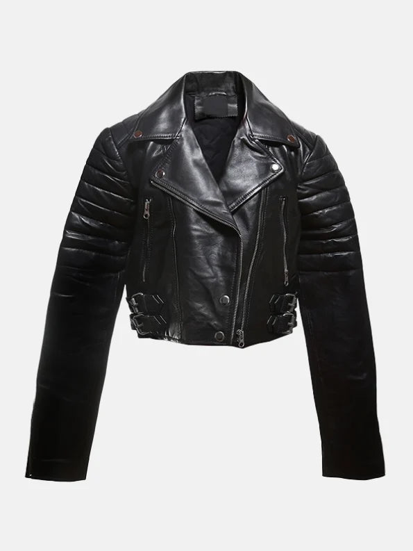 Womens Cropped Black Leather Jacket Front