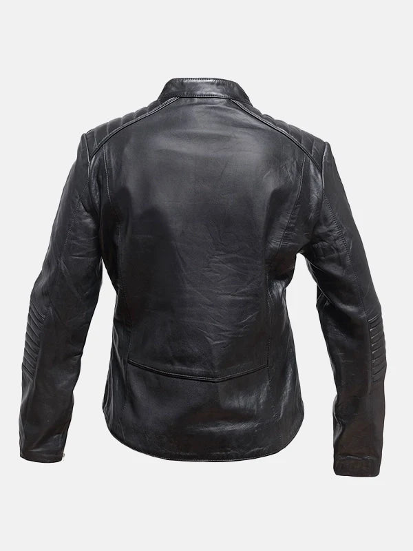 Womens Snap Tab Collar Black Leather Jacket Back