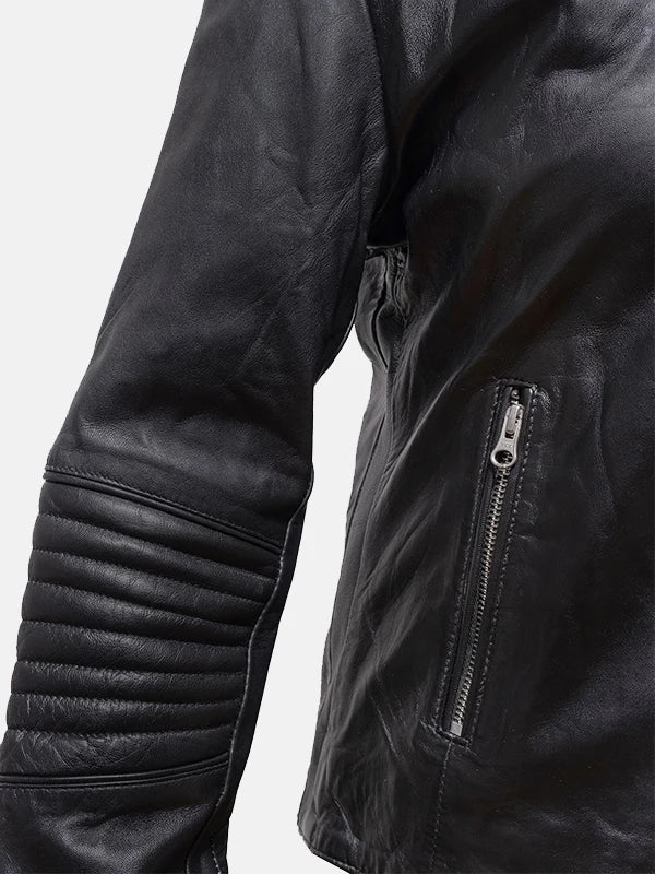 Women's Snap Tab Collar Black Leather Jacket