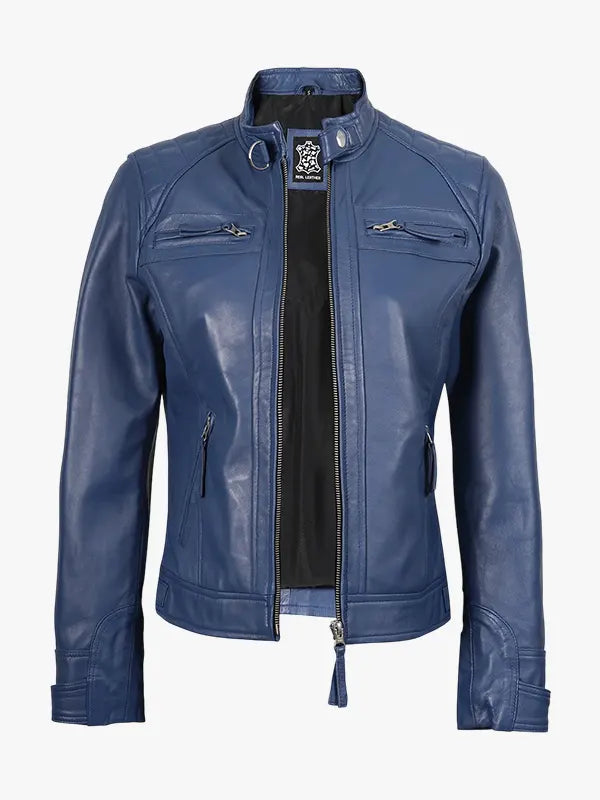 Womens Real Lambskin Blue Quilted Biker Jacket

