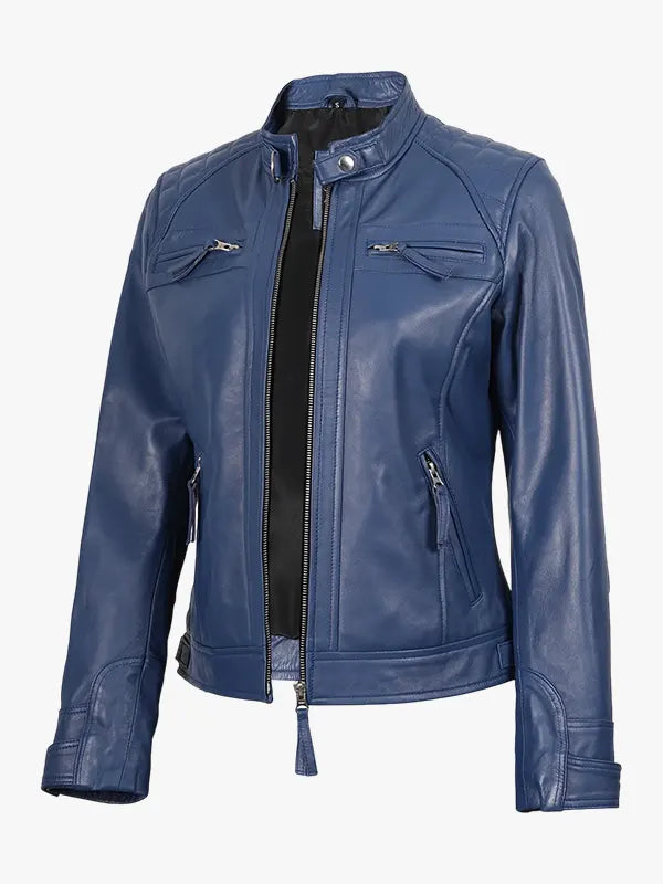 Womens Real Lambskin Leather Blue Quilted Biker Zipper Jacket
