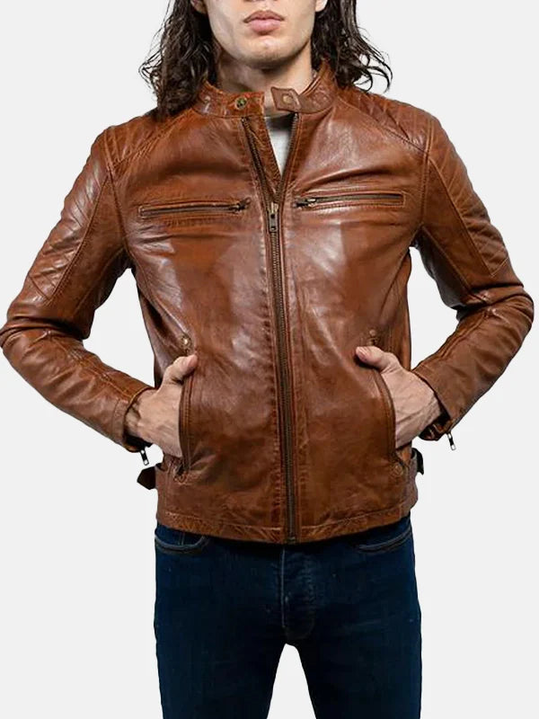 Zack Mens Brown Leather Motorcycle Jacket