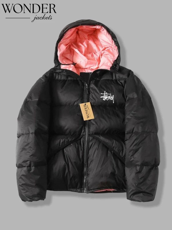 stüssy puffer jacket black pink